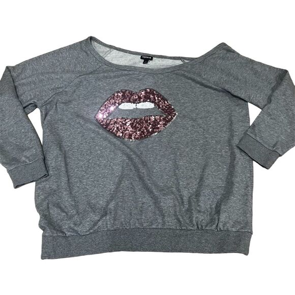 Torrid Women's Plus Size 3 Gray Off Shoulder Sweatshirt Pink Sequin Lips Casual - Picture 5 of 9